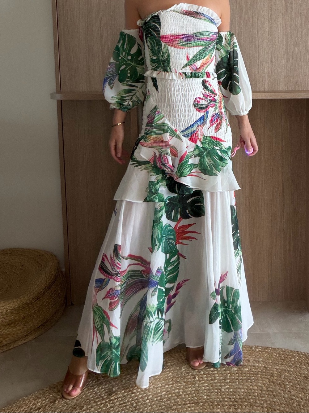 Banjul White Maxi Dress with Green Leaf and Pink Floral Print